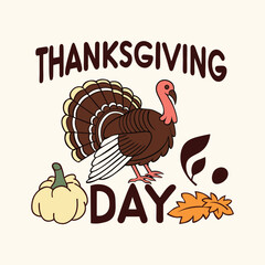 Happy Thanksgiving day vector illustration with turkey, autumn leaves and pumpkins.