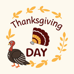 Happy Thanksgiving day vector illustration with turkey, autumn leaves and pumpkins.