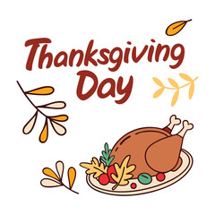 Happy Thanksgiving day vector illustration with turkey, autumn leaves and pumpkins.