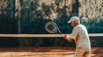 An elderly man practices his tennis skills at an outdoor court on a sunny afternoon, showcasing his passion for the sport