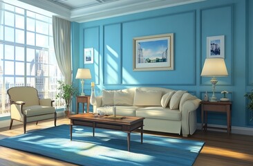 Blue living room wall with vintage furniture and modern decor, creating an elegant home interior design.