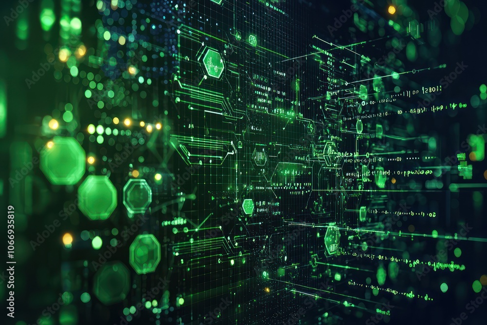 Poster Abstract Futuristic Green Digital Interface with Geometric Shapes and Lines