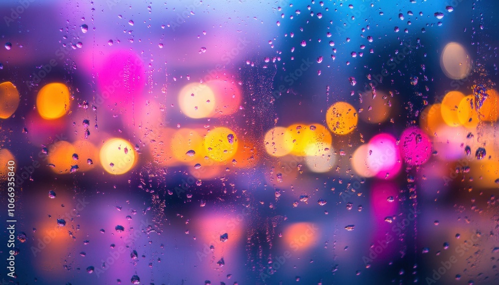 Poster raindrops on the window create a chaotic view of colorful city lights at dusk