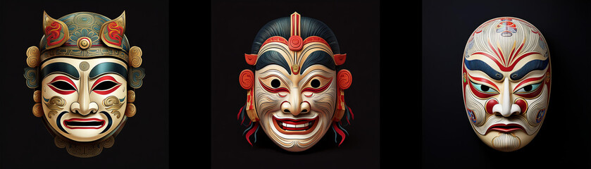 Naklejka premium Three intricately painted masks are isolated against a black background.