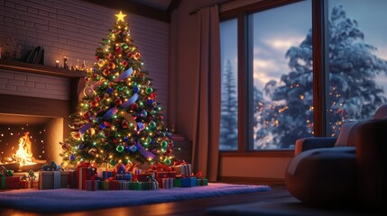 A cozy living room scene with a 3D Christmas tree adorned with colorful balls, ribbons, and twinkling lights, with gifts piled underneath and a fireplace in the background
