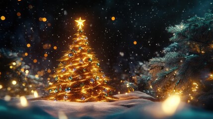 Naklejka premium A festive 3D Christmas setting with a golden tree adorned with sparkling Christmas balls, shiny ribbons, and a star on top, surrounded by glowing lights and snow