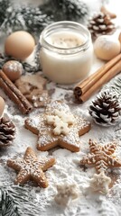 Festive holiday scene with decorated cookies and seasonal decorations.