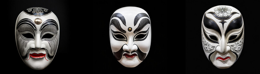 Naklejka premium Three ornate masks with black, white, and gray paint are isolated on a black background.