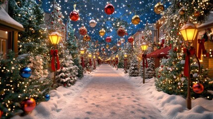 A snowy 3D Christmas village scene with decorated trees, colorful ornaments, and glowing balls hanging from streetlamps, under a clear winter night sky