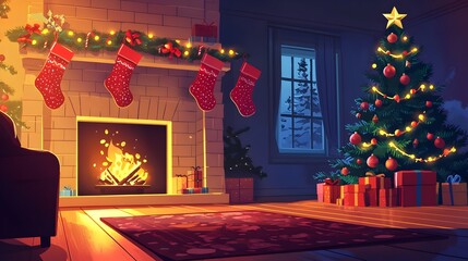 Warm and Cozy Christmas Scene with Fireplace and Gifts