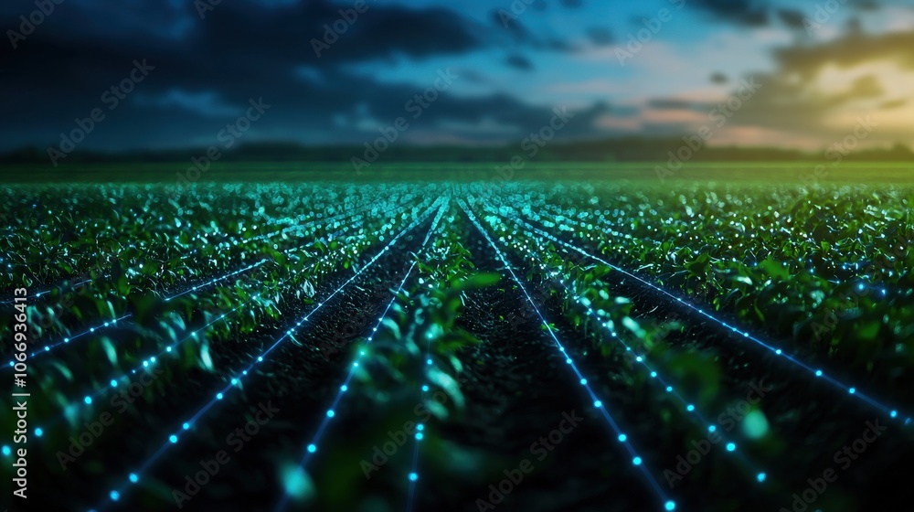 Poster the satellite view of farmland enhanced with digital overlays for low-resolution smart farming techn