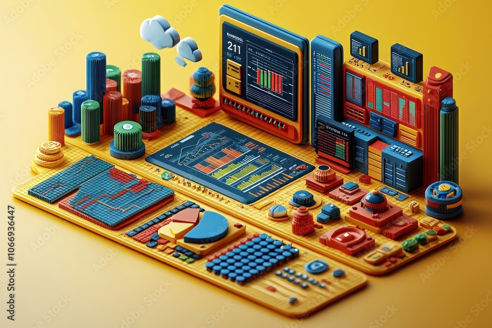 Poster colorful 3d render of a data center with graphs, charts, and digital displays