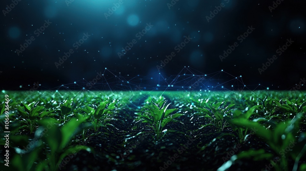 Poster exploring satellite views of farmland with digital overlays in smart farming technology