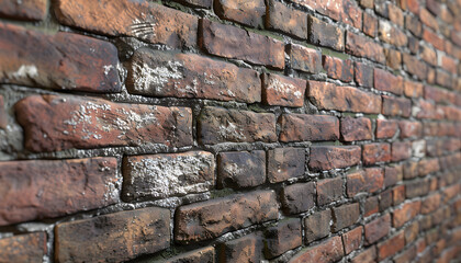 Obraz premium Close-up of a weathered red brick wall showcasing rich textures and colors, perfect for background applications in design.