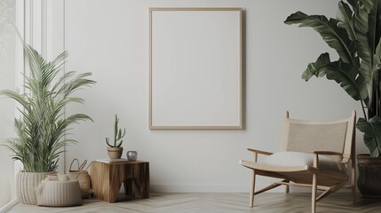 A minimalistic living room with a blank frame, plants, and modern furniture, radiating calm and simplicity during daylight hours