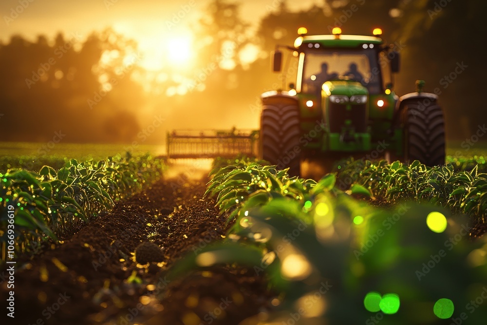 Poster revolutionizing agriculture smart tractors with built-in sensors for efficient seed planting