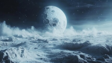 Fototapeta premium A large, cratered moon hangs low in the sky over a desolate, icy landscape.