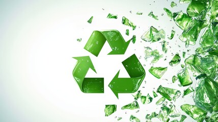 Obraz premium Recycling symbol with shattered green glass pieces, isolated on a light background.