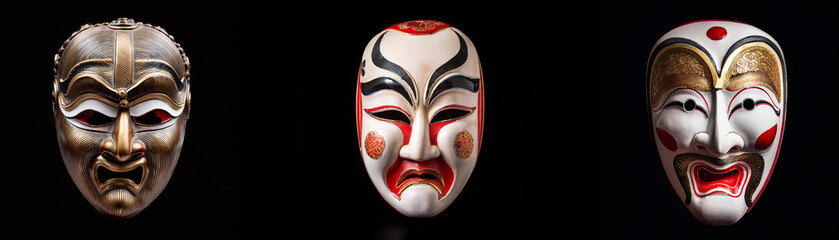 Three theatrical masks isolated against a black background.