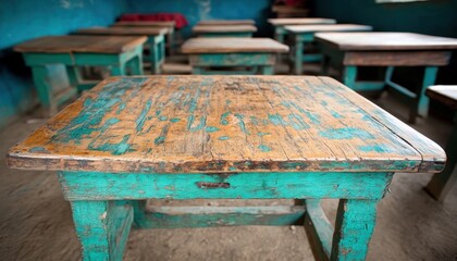 A cluttered classroom filled with worn wooden desks in disarray during school hours