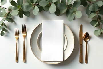 Vertical blank empty card manu mockup with festive wedding or birthday table setting with golden cutlery, eucalyptus, elegant ceramic plate on a white clean surface. Restaurant menu concept. Flat lay,