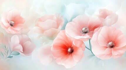 A painting of a bouquet of pink flowers with a blue background