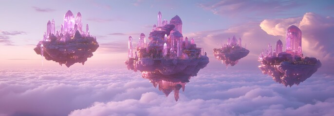 A wide shot of floating islands in the sky, made out of crystals. The islands have crystal towers and buildings with a purple glow inside them
