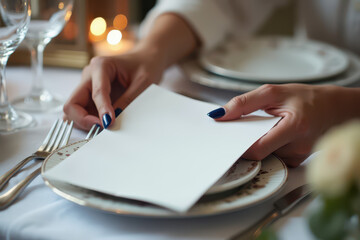A branding menu mockup for a  design. Hands holding a blank manu, surrounded by a dimly lit dining table and soft candlelight in a 
restaurant.