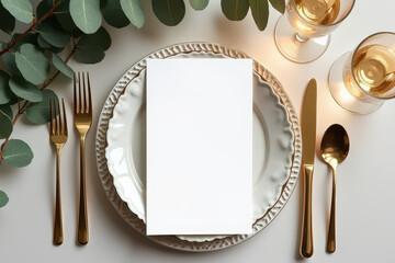 Vertical blank empty card manu mockup with festive wedding or birthday table setting with golden cutlery, eucalyptus, elegant ceramic plate on a white clean surface. Restaurant menu concept. Flat lay,