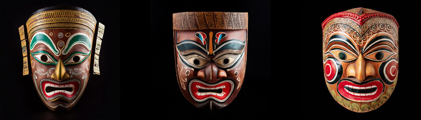 Three intricately carved and painted wooden masks are isolated against a black background.