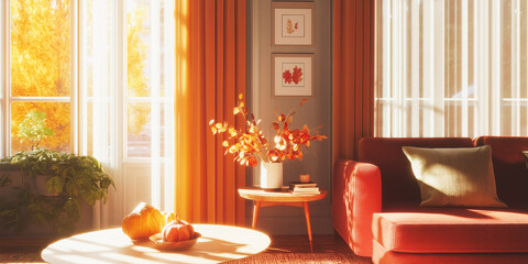 Obraz premium Warm Holiday Interior: Thanksgiving-themed living room adorned with pumpkins, foliage, and candles