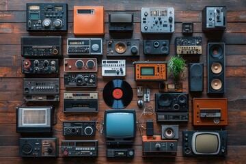 Obraz premium Vintage Audio and Video Equipment Displayed on Wooden Paneling