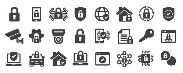 Security glyph solid icons collection. Containing protection, safety, cyber security, guard. Minimal icon and symbol series vector illustration