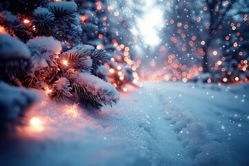 Snowy landscape with bokeh lights in the background, creating an atmosphere suitable for Christmas and winter themes.