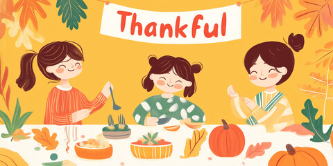 Children Adding Festive Touches: Decorating a Thanksgiving table under a "Thankful" banner