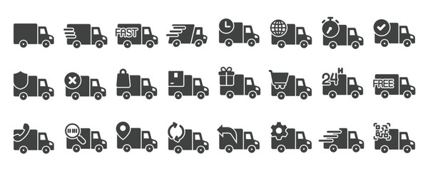 Delivery truck glyph solid icons collection. Containing cargo, fast delivery, service, transport. Minimal icon and symbol series vector illustration