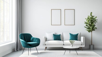 Minimalist Living Room with Teal Chair and White Couch