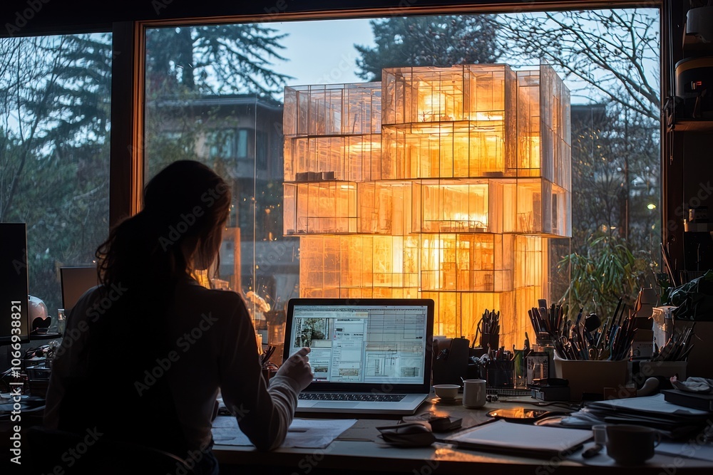 Aufkleber Woman Working at a Desk with a Model of a Building in the Background