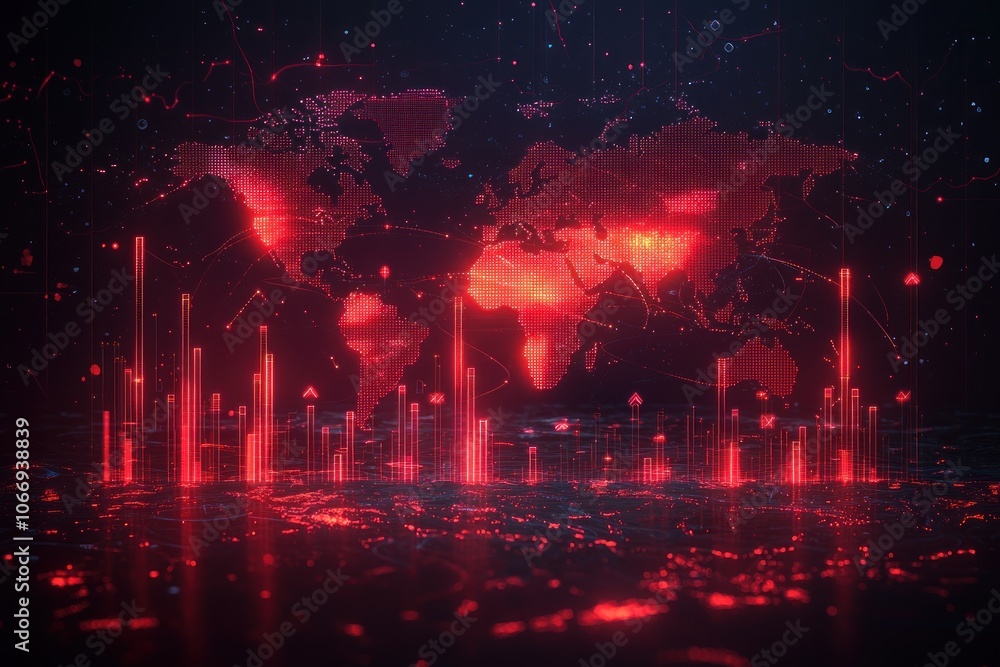 Poster Red Neon World Map with Data Visualizations and Glowing Bars