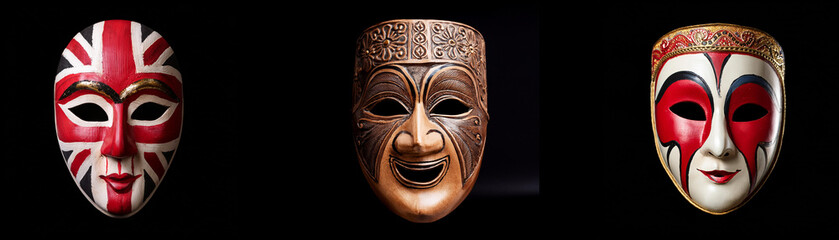Three masks isolated against a black background. The masks feature different designs and colors, including red, white, black, and gold.