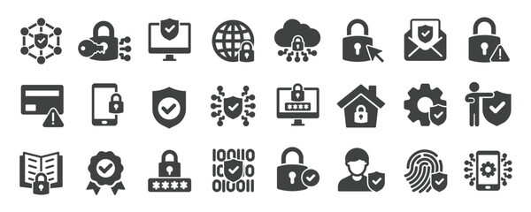 Security glyph solid icons collection. Containing protection, safety, cyber security, guard. Minimal icon and symbol series vector illustration