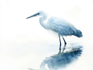Elegant watercolor painting of a heron standing in calm water, with soft reflections creating a tranquil and serene atmosphere.