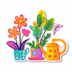 flat cutout vector sticker of gardening tools like shovel, rake and watering can, isolated on white background