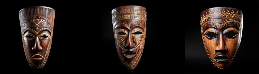 Three carved wooden masks are isolated against a black background.