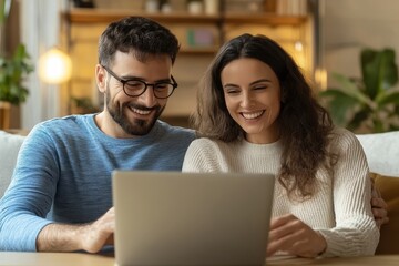 relaxed mature couple using laptop computer shopping online in the living room, Generative AI