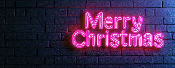 Bright pink neon "Merry Christmas" sign glowing on a dark brick wall, creating a festive and modern holiday ambiance.