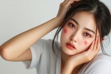Fototapeta premium Dermatology, asian young woman reaction from atopic, insect bites on her arm, hand in scratching itchy red spot or rash of skin. Healthcare, treatment, Generative AI