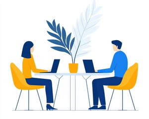 Fototapeta premium Two professionals working collaboratively at a table with laptops and a plant, white isolated background.