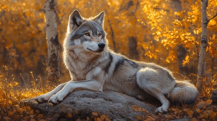 Gray wolf resting on rock in golden autumn forest