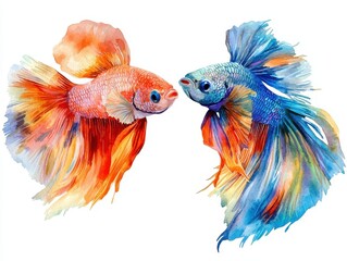Obraz premium Colorful watercolor painting of two Betta fish facing each other, showcasing their flowing fins and intricate details against a white background.